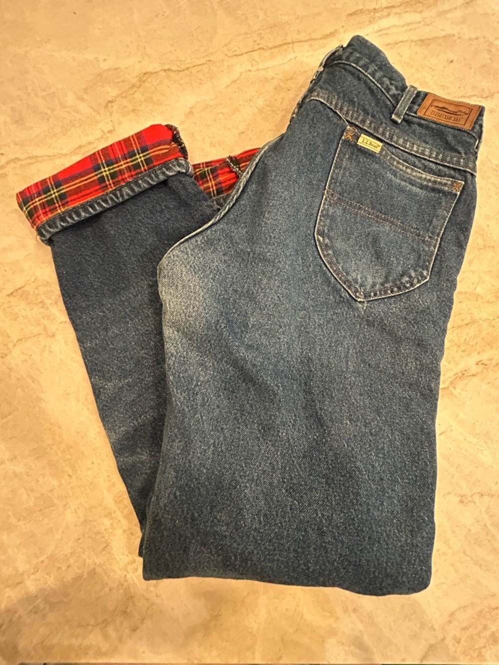 Vintage LL Bean Flannel Lined Jeans 36x34 Red Plaid USA Made Workwear Denim